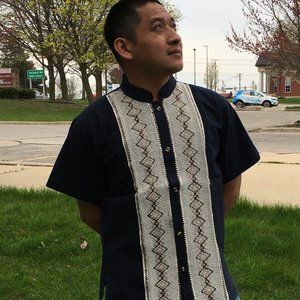 Handmade Men's Navy Blue Mexican Guayabera
